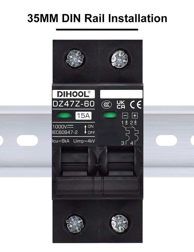 DIHOOL DC Circuit Breaker 15 Amp Solar Disconnect Switch 2P 12-1000V for PV, UPS, RV Battery,DIN Rail Mount - Image 5